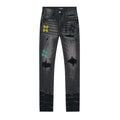 Black and grey water-washed cross-stitch hole-cut slim-fit jeans
