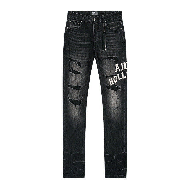 Letter-hole black and grey fitted jeans