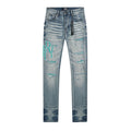 Washed blue-green label ripped slim-fitting stretch denim pants