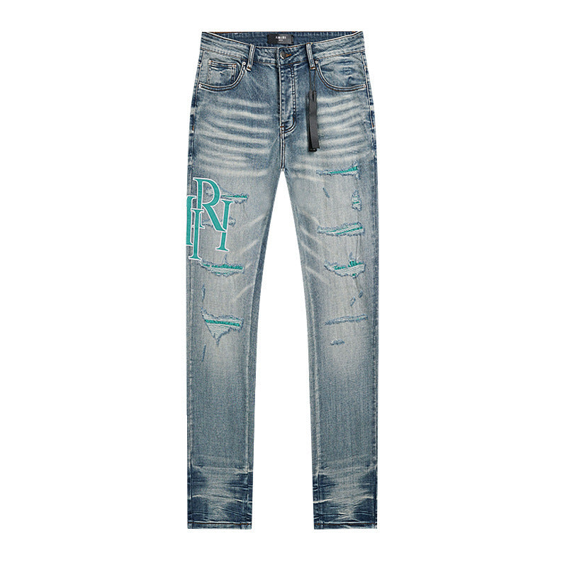 Washed blue-green label ripped slim-fitting stretch denim pants