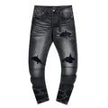 Black and grey water-washed holey fitted stretch denim pants