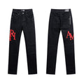 Men's Luxury Charcoal Black Stacked Jeans with Red Chenille Logo Patches
