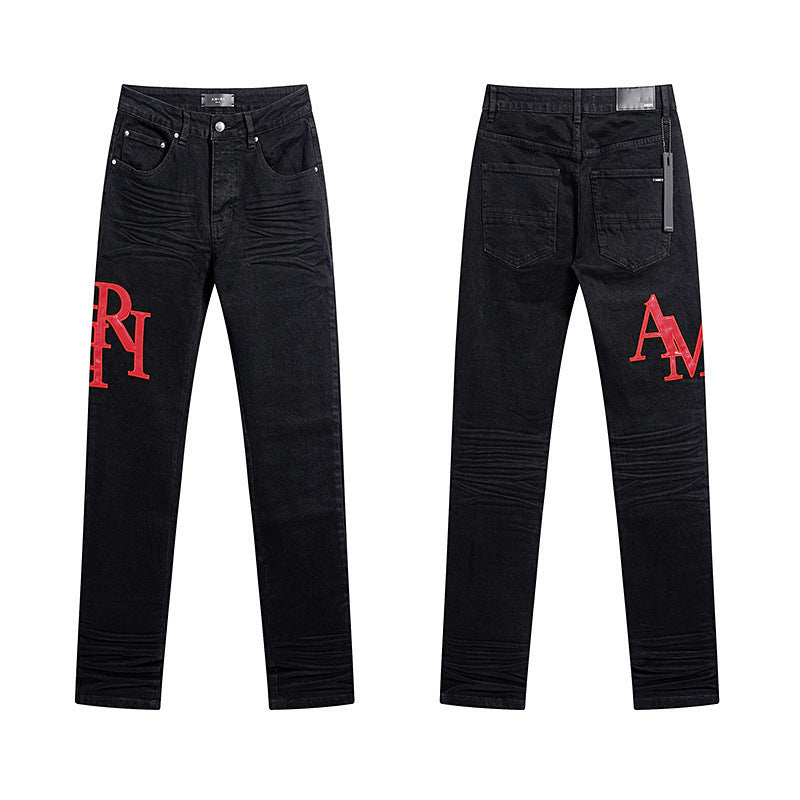 Men's Luxury Charcoal Black Stacked Jeans with Red Chenille Logo Patches