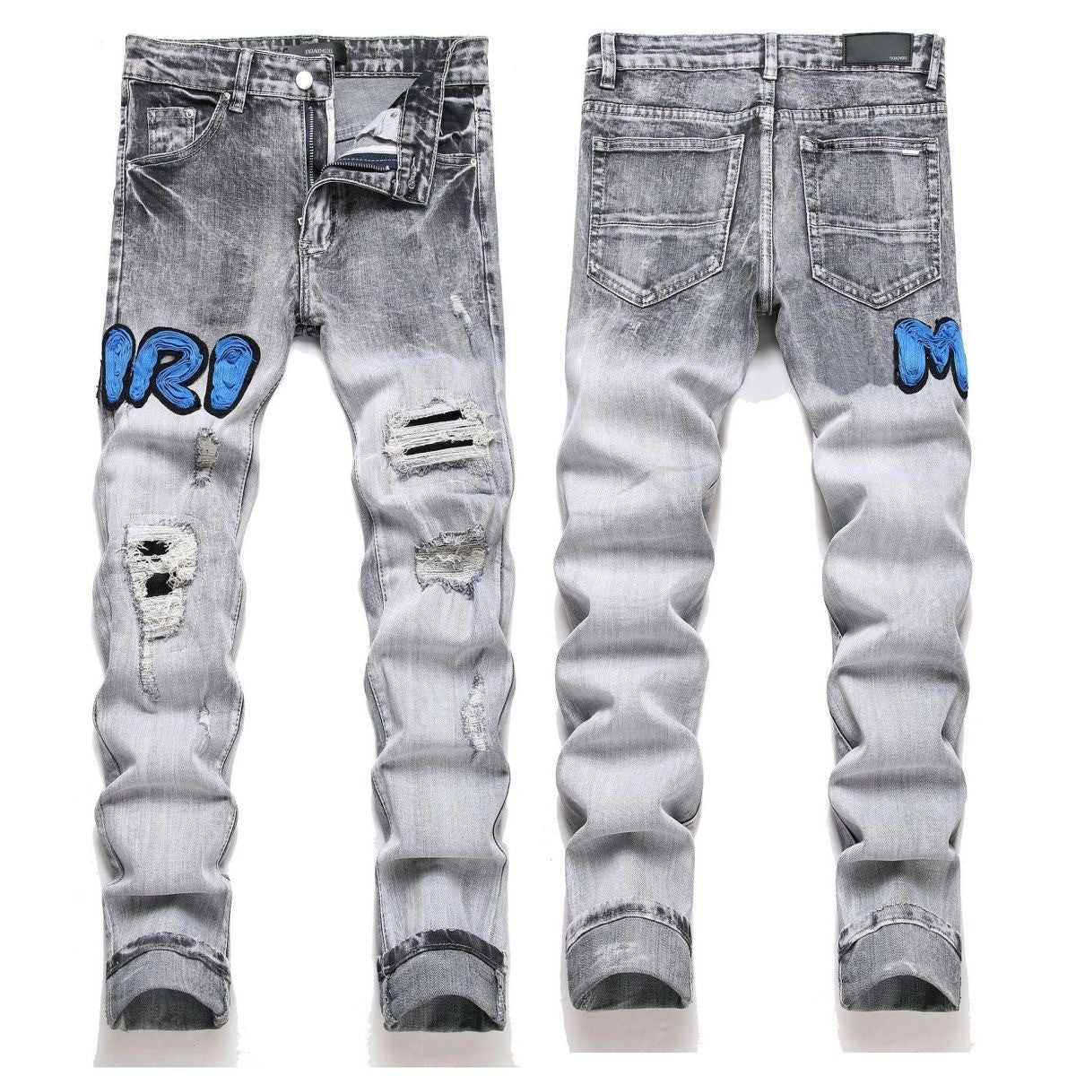 AMIRI High-Street Distressed Jeans - Faded Grey & Royal Blue Bouclé Patch Denim