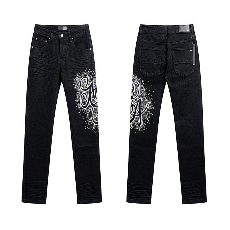 Men's Luxury Charcoal Black Stacked Jeans with Silver Starburst Script Logo