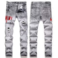 Men's Luxury Acid Wash Grey Denim with Red "AMIRI" Varsity Lettering