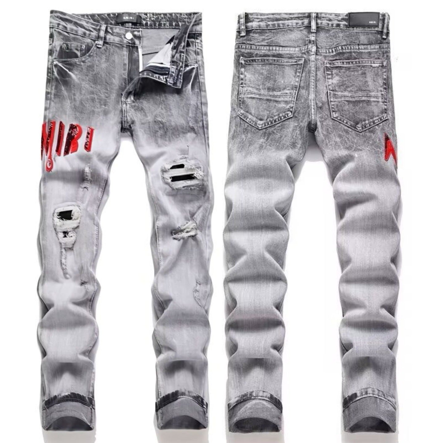 Men's Luxury Acid Wash Grey Denim with Red "AMIRI" Varsity Lettering