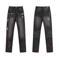 Men's Luxury Charcoal Black Stacked Jeans with Multicolor Paint Drips
