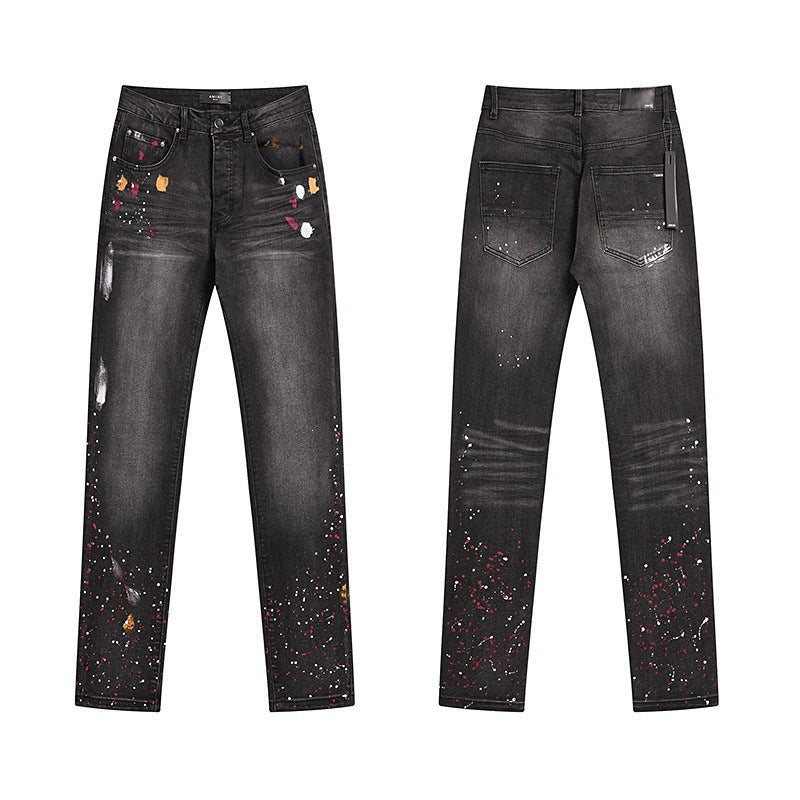 Men's Luxury Charcoal Black Stacked Jeans with Multicolor Paint Drips
