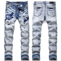 Men's Luxury Light Blue Denim with Skeletal Airbrush Fade & Shredded Holes