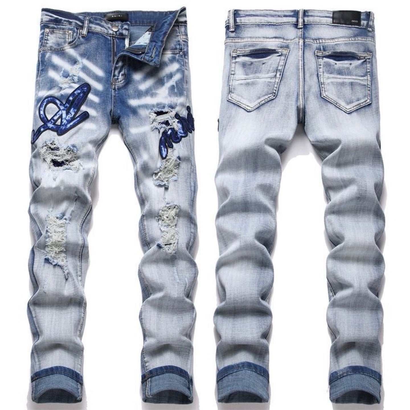 Men's Luxury Light Blue Denim with Skeletal Airbrush Fade & Shredded Holes
