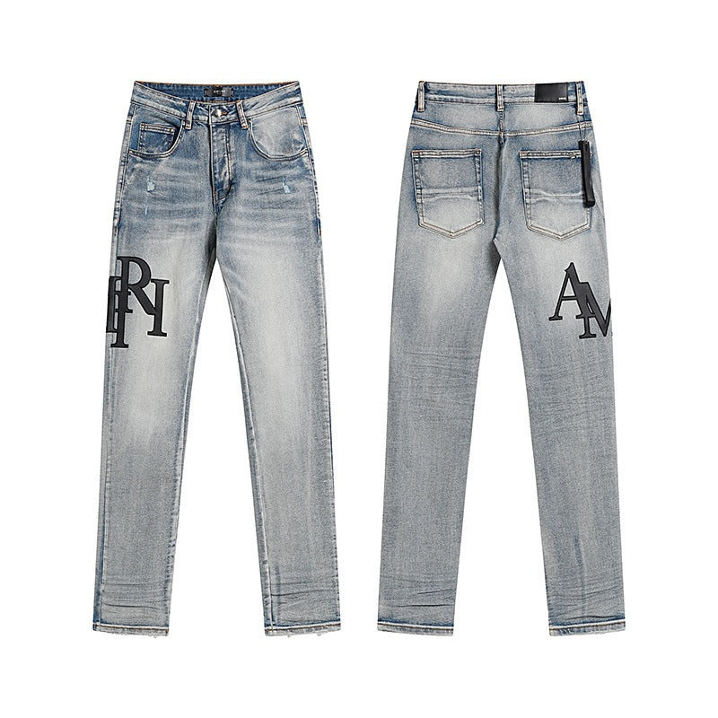 Men's Luxury Light Blue Stacked Denim with Black Chenille Patch Logo