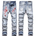Men's Luxury Bleach Indigo Denim with Custom Red "Amiri" Glittering Motifs