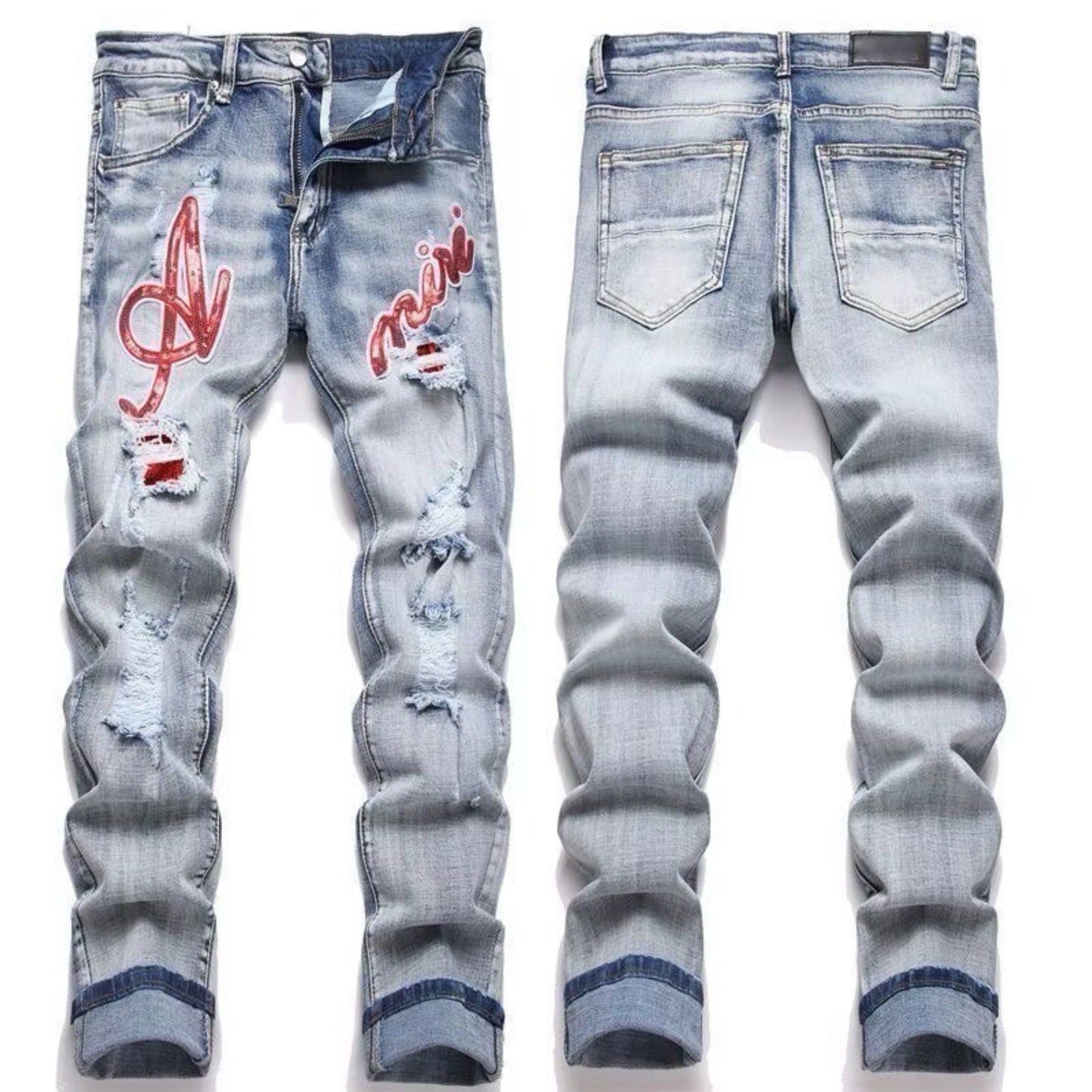 Men's Luxury Bleach Indigo Denim with Custom Red "Amiri" Glittering Motifs