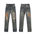 Men's Luxury Dirty Tinted Indigo Stacked Denim with Brown Script Logo Patches