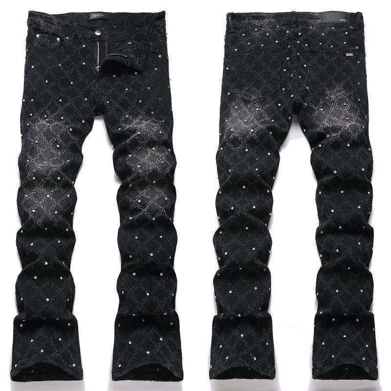 Men's Luxury Geometric Jacquard Denim with Scattered Star Diamond Studs