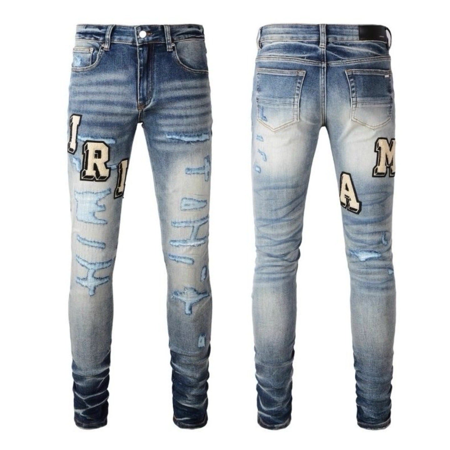 Men's Luxury Mid-Blue Denim with Distressed Varsity Lettering & Heavy Rips