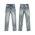 Men's Luxury Light Blue Stacked Denim with Pink Tweed Bouclé Logo Patches
