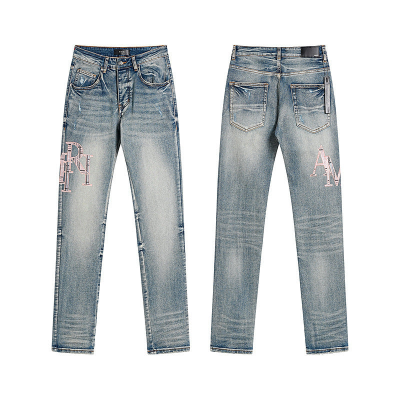 Men's Luxury Light Blue Stacked Denim with Pink Tweed Bouclé Logo Patches