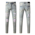 Men's Luxury Distressed Denim with Hot Pink Silk Underlays & Faded Lettering
