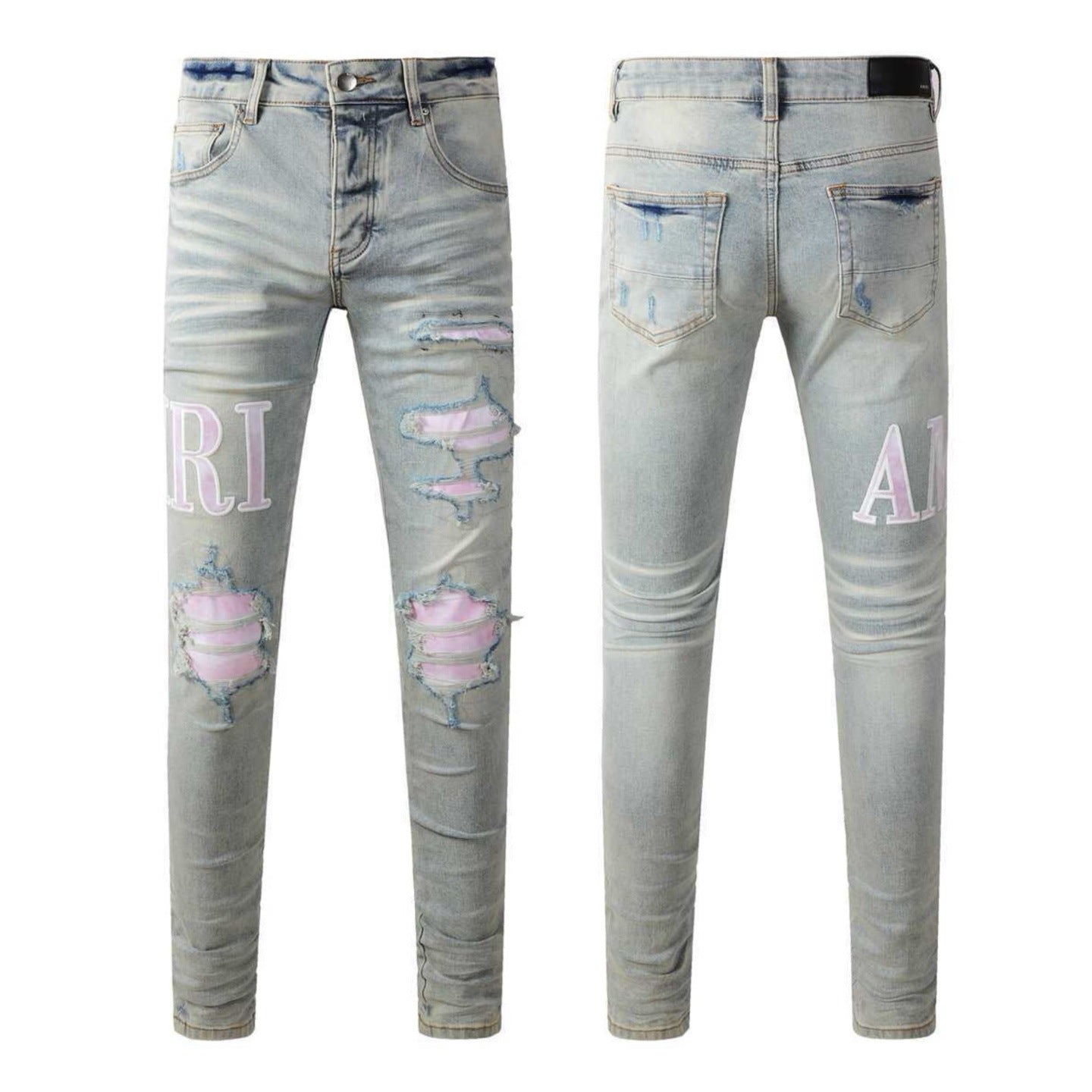 Men's Luxury Distressed Denim with Hot Pink Silk Underlays & Faded Lettering