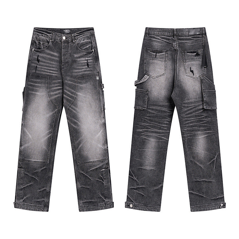 Men's Luxury Faded Black Utility Workwear Denim Pants with Hammer Loop