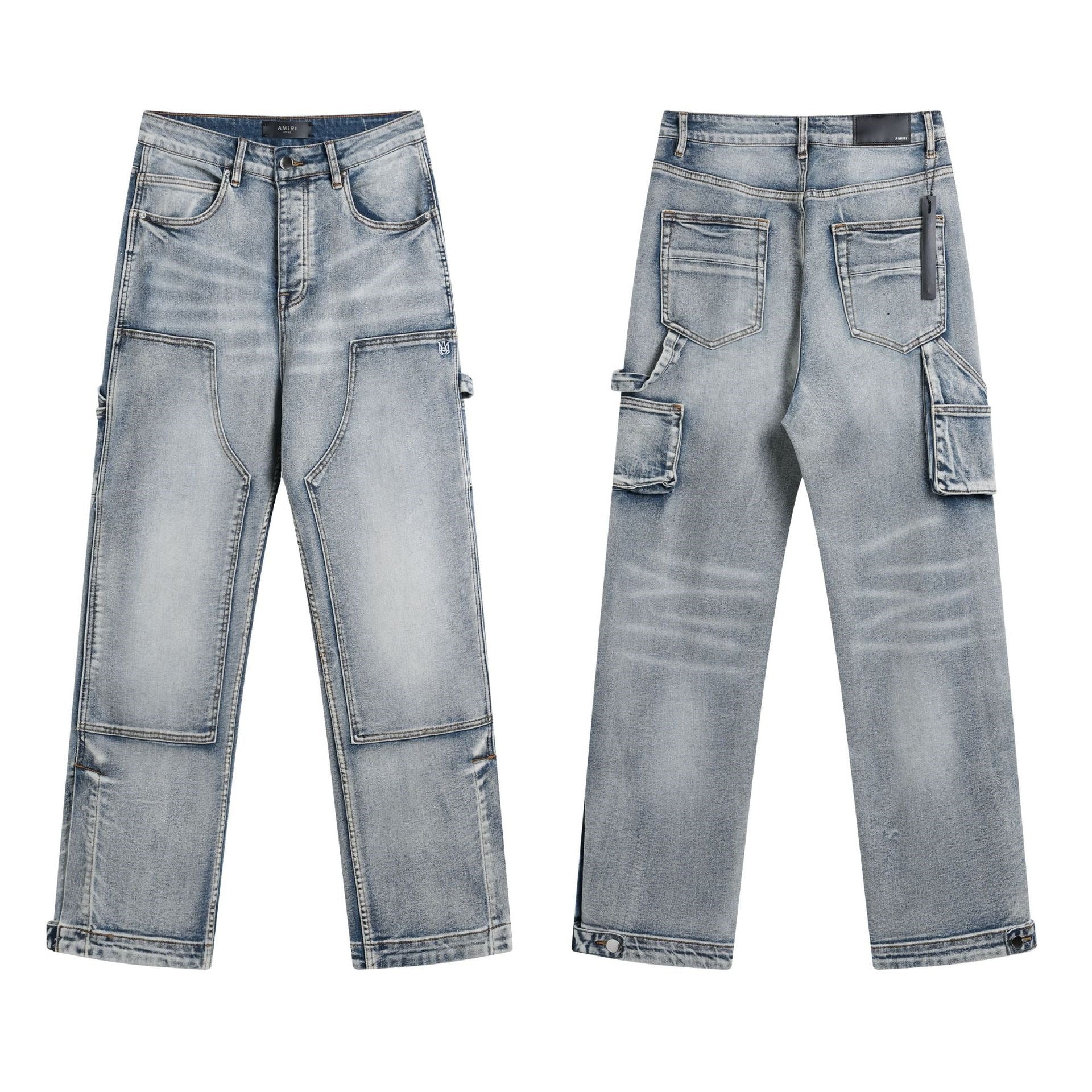 Men's Luxury Light Blue Utility Workwear Denim Pants with Hammer Loop