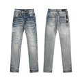 Men's Luxury Light Blue Shredded Denim with Cursive Leather-Texture Patchwork