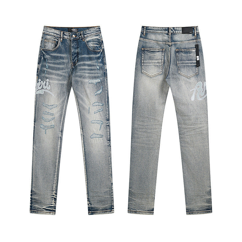 Men's Luxury Light Blue Shredded Denim with Cursive Leather-Texture Patchwork