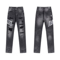 Men's Luxury Faded Black Shredded Denim with Grey-White Block Logo Patches