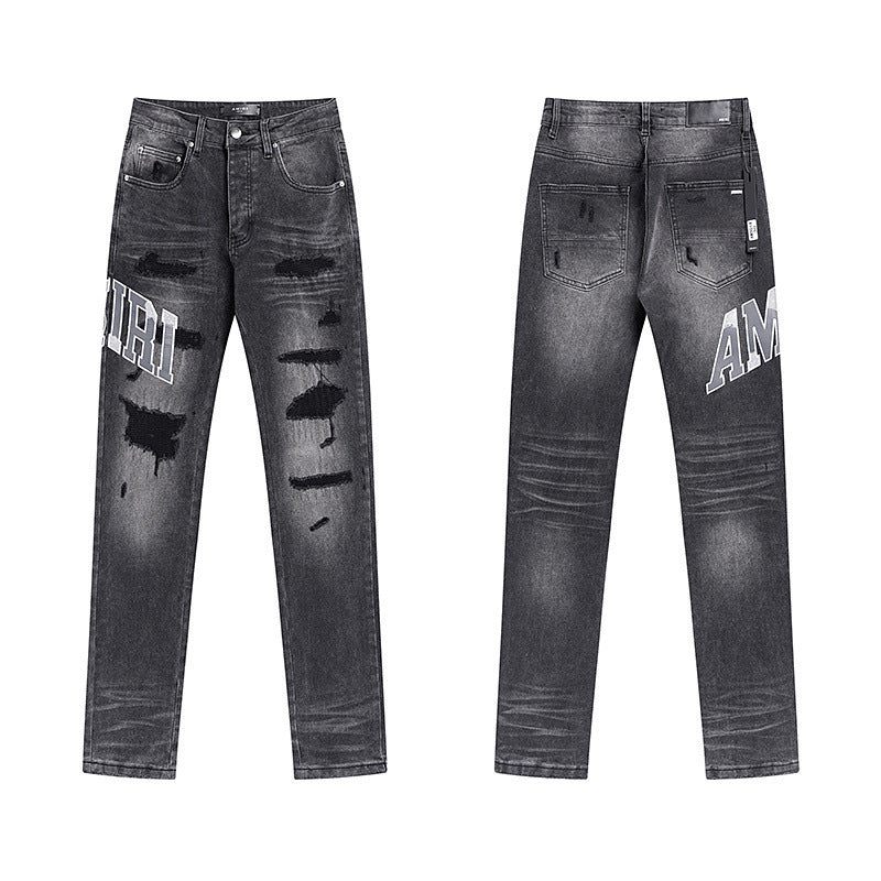 Men's Luxury Faded Black Shredded Denim with Grey-White Block Logo Patches