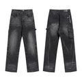 Men's Luxury Faded Black Wide-Leg Utility Denim Pants with Silver Rivets