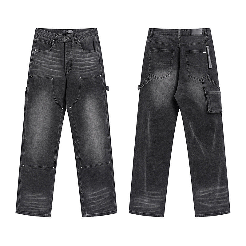 Men's Luxury Faded Black Wide-Leg Utility Denim Pants with Silver Rivets