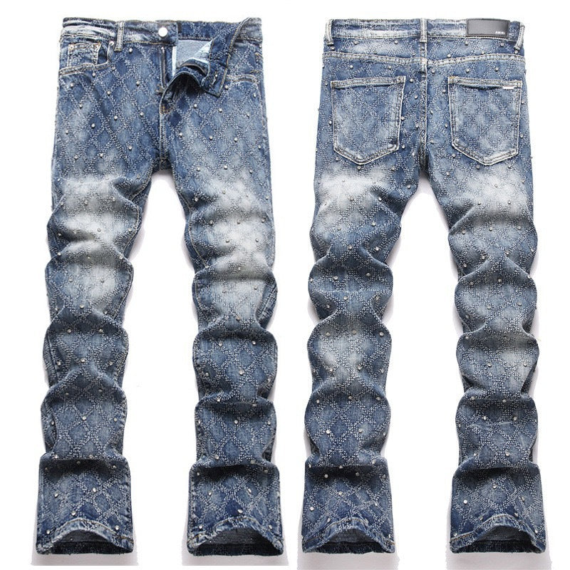 Men's Luxury Geometric Jacquard Denim with Scattered Star Diamond Studs