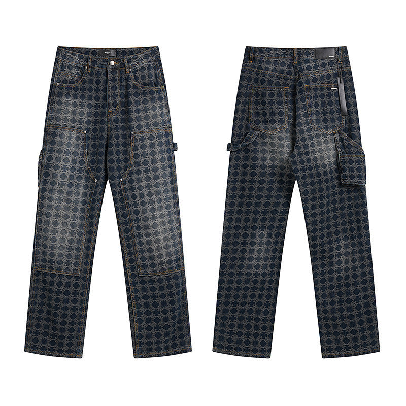 Men's Luxury Indigo Navy Geometric Star Logo Utility Denim - Wide-Leg