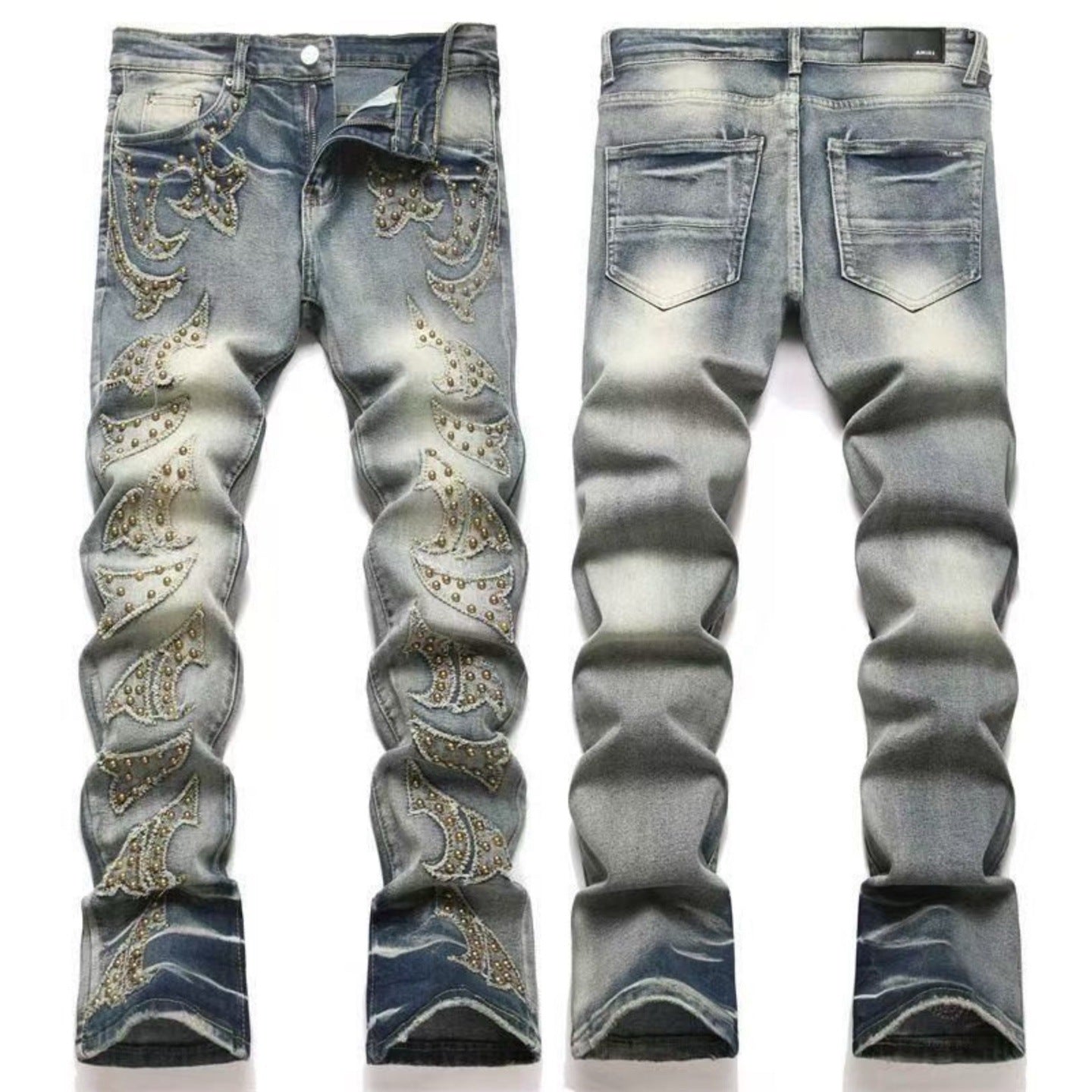 Men's Luxury Mud-Wash Denim with Moto Heavy Metal Rivets & Appliqués
