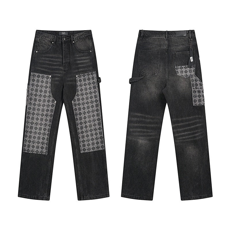 Men's Luxury Faded Black Wide-Leg Utility Denim Pants with Jacquard Patches