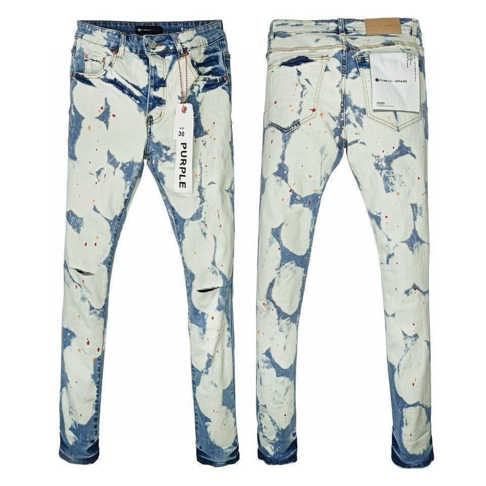 Luxury Light Blue Splatter Bleached Denim with Knee Slits & Paint Dots