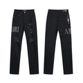 Men's Luxury Solid Black Shredded Denim with Crystal Block-Lettering