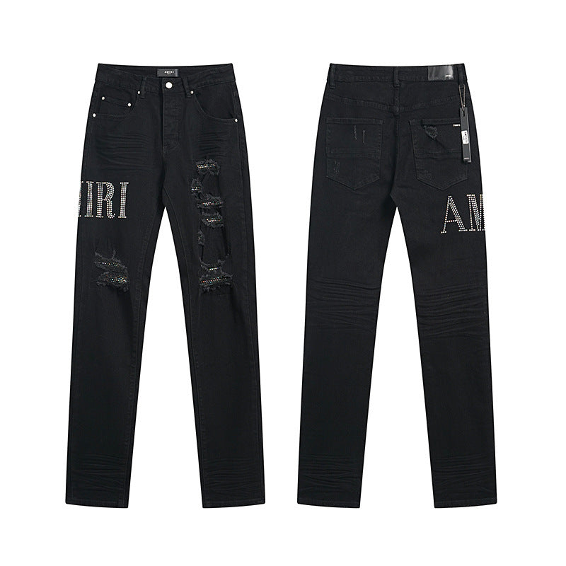 Men's Luxury Solid Black Shredded Denim with Crystal Block-Lettering