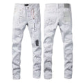 Luxury White Denim with Shredded Knee Blowout & Dark Grey Paint Drips