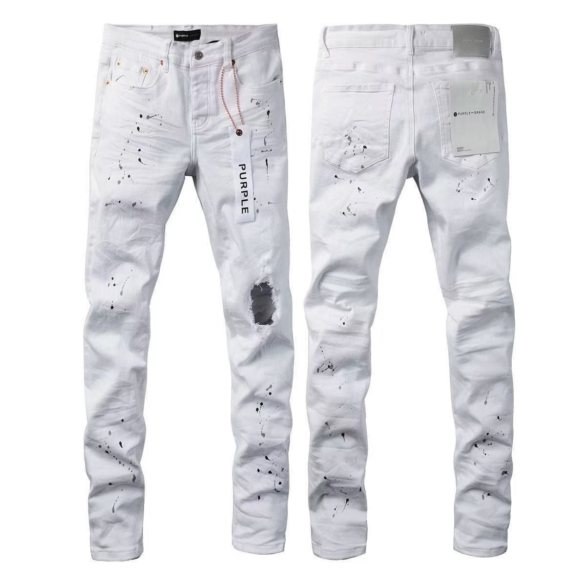 Luxury White Denim with Shredded Knee Blowout & Dark Grey Paint Drips