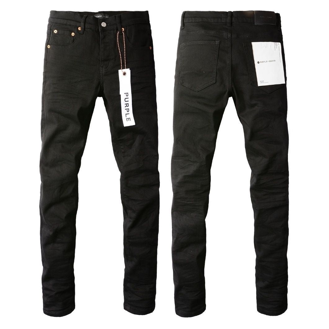 Luxury All-Black Denim Trousers with 3D Resin Crinkles & Stacking