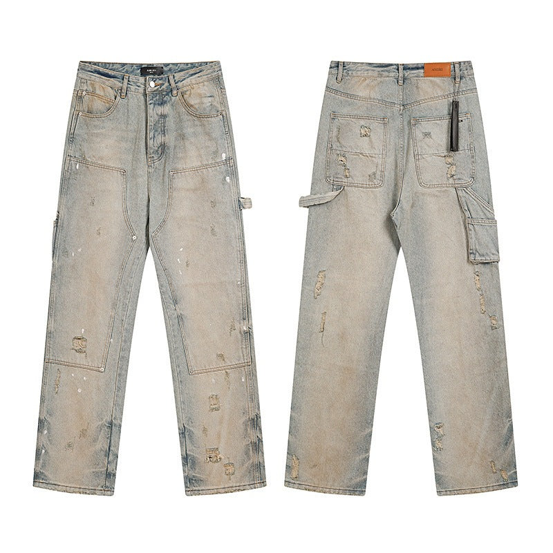 Men's Luxury Light Blue Splattered Paint Utility Denim - Wide-Leg Straight