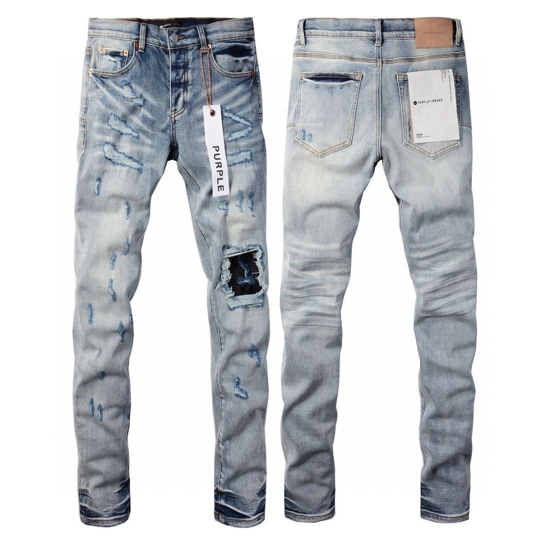 Luxury Distressed Denim with 3D Whiskers & Heavy Frayed Knee Blowout