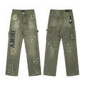 Men's Luxury Olive Drab Wide-Leg Utility Denim Pants with Black Lettering