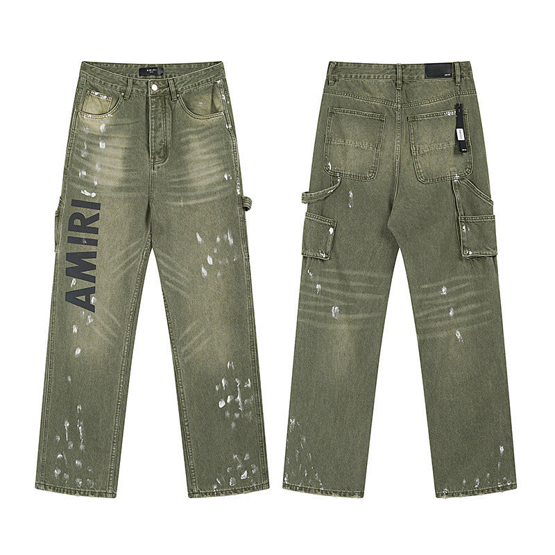 Men's Luxury Olive Drab Wide-Leg Utility Denim Pants with Black Lettering
