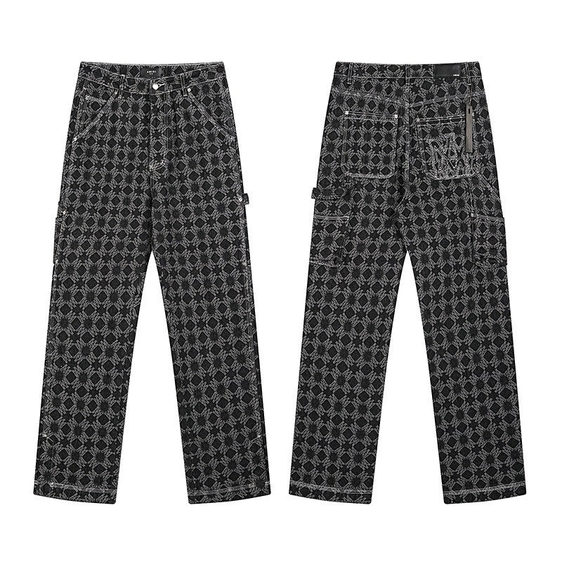 Men's Luxury Charcoal Black Wide-Leg Utility Denim with Rear Logo Embroidery