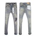 Luxury Distressed Denim with Large White PURPLE Print & Dark Knee Patch