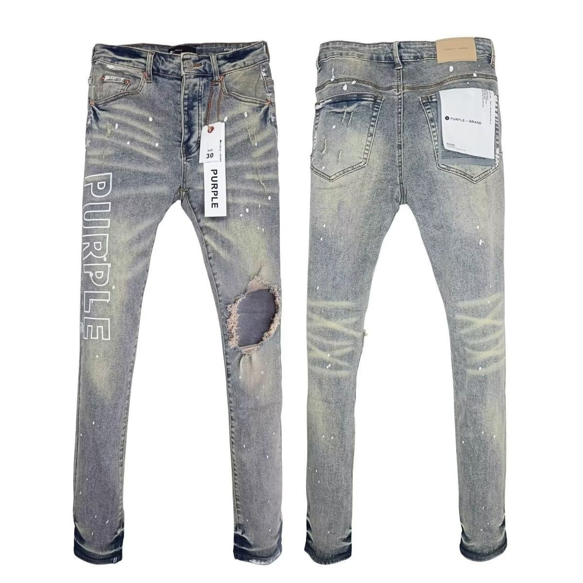 Luxury Distressed Denim with Large White PURPLE Print & Dark Knee Patch